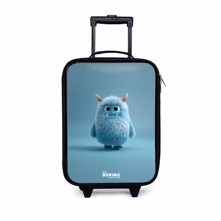 Blauw pluizig monster met hoorns Kinderkoffer - Zwart klein -3d