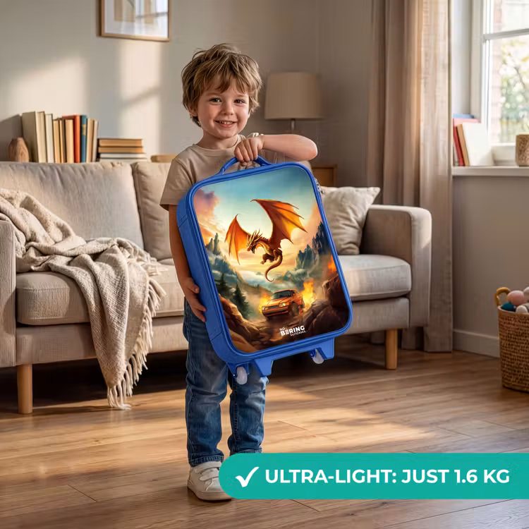 Vliegende draak boven vurige bergweg Kinderkoffer - Blauw klein -sfeer2_EN