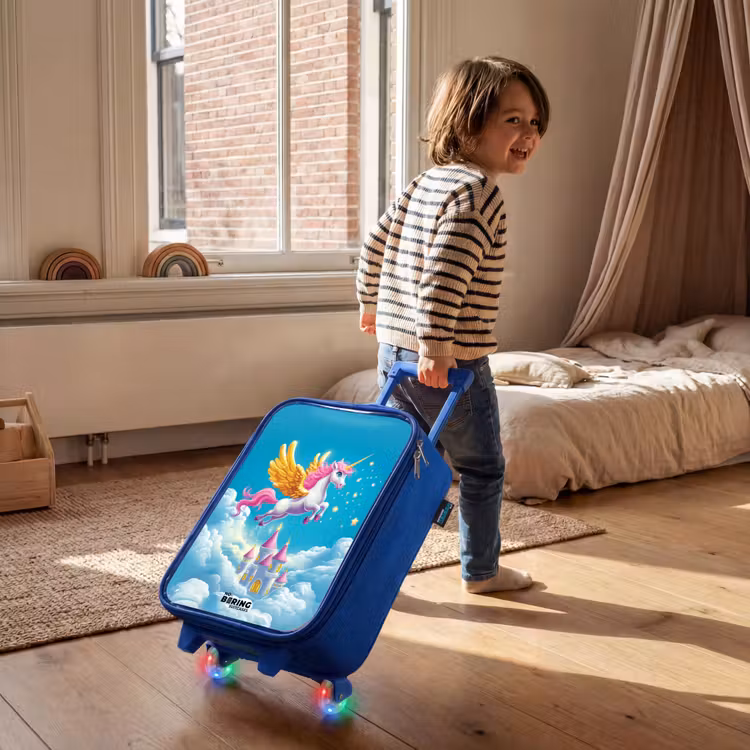Vliegende eenhoorn met gouden vleugels boven kasteel Kinderkoffer - Blauw klein -sfeer1