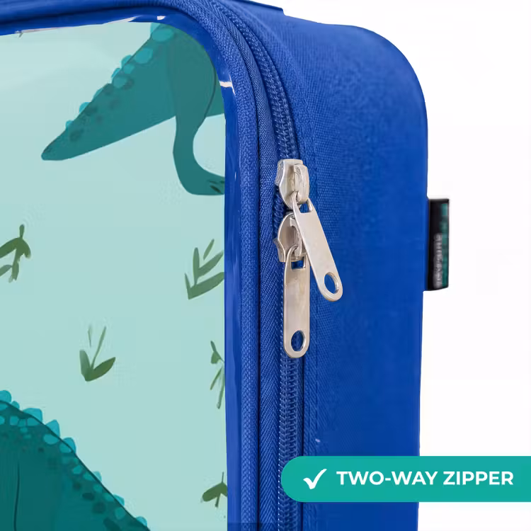 Vriendelijke T. rex tussen sporen Kinderkoffer - Blauw klein -rits_EN