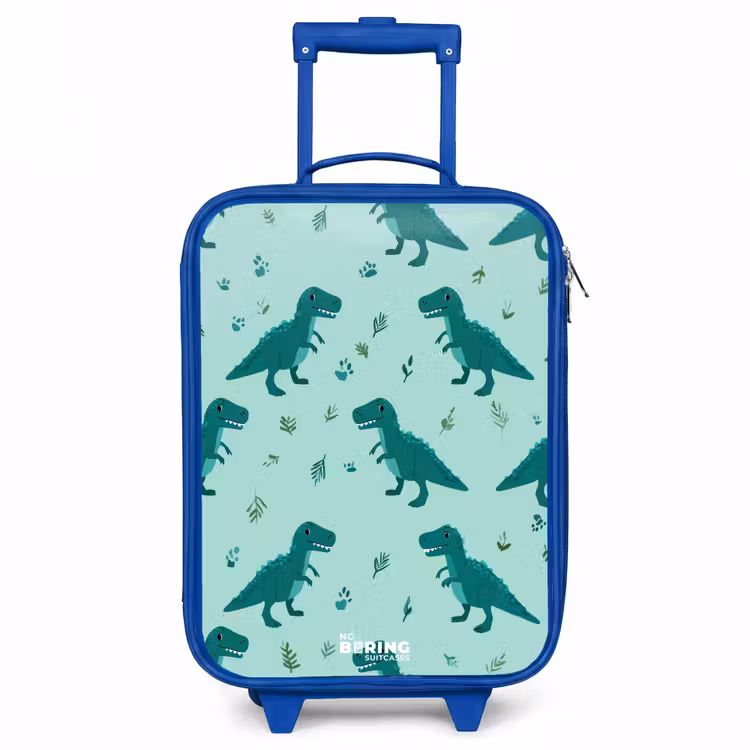 Vriendelijke T. rex tussen sporen Kinderkoffer - Blauw klein -3d