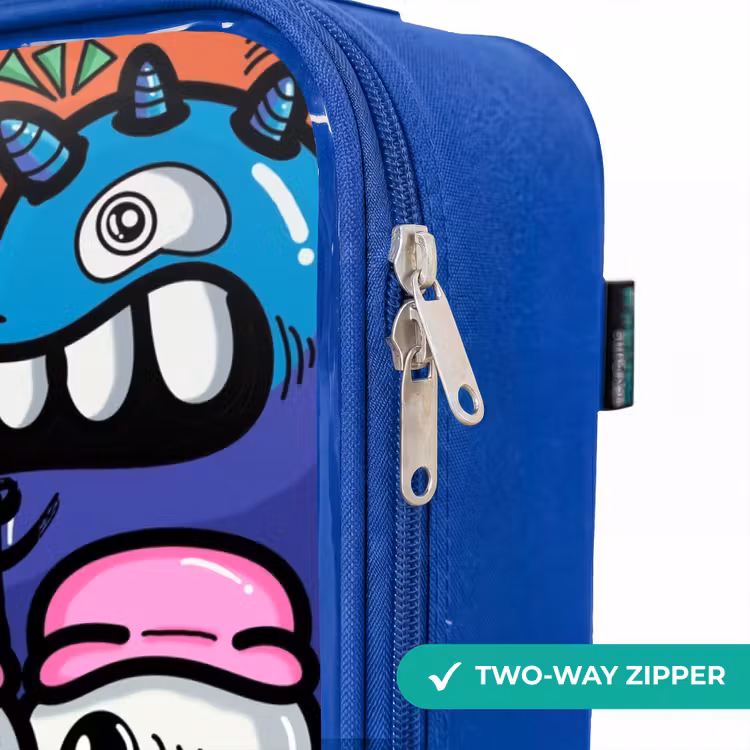 Grappige kleurrijke monsters Kinderkoffer - Blauw klein -rits_EN