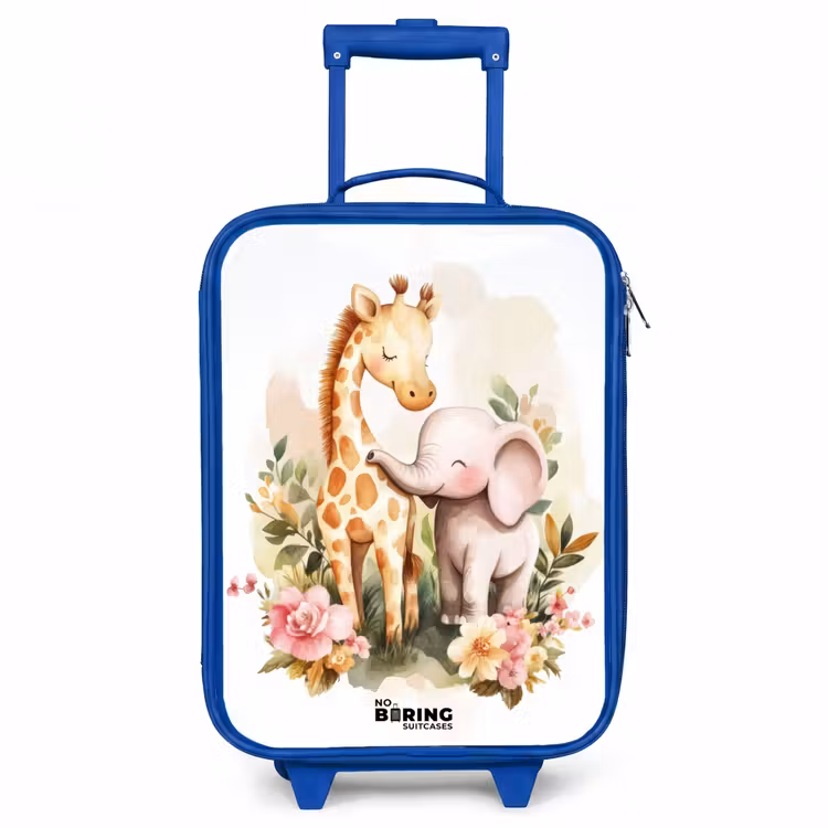 Giraffe en olifant tussen bloemen op witte achtergrond Kinderkoffer - Blauw klein -3d