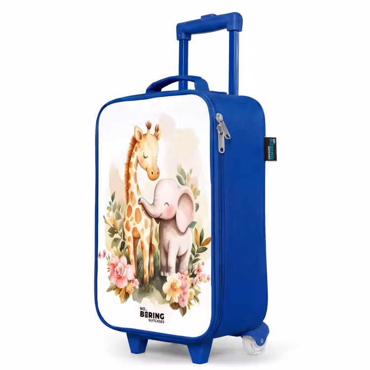 Giraffe en olifant tussen bloemen op witte achtergrond Kinderkoffer - Blauw klein -productfoto_schuin