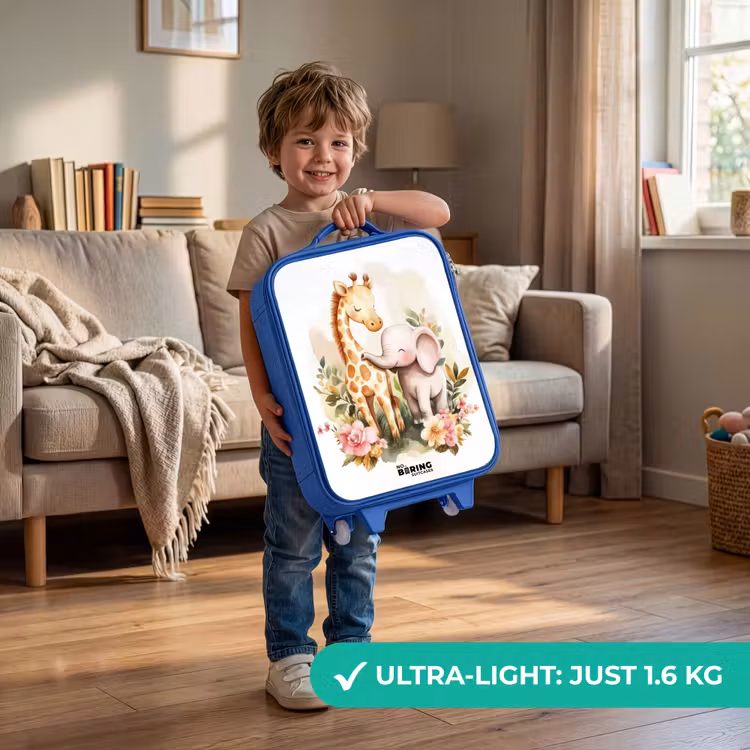 Giraffe en olifant tussen bloemen op witte achtergrond Kinderkoffer - Blauw klein -sfeer2_EN