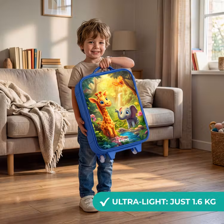 Giraf en olifant bij beekje in de Jungle Kinderkoffer - Blauw klein -sfeer2_EN