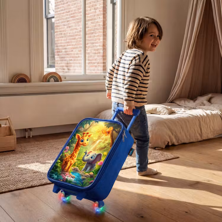 Giraf en olifant bij beekje in de Jungle Kinderkoffer - Blauw klein -sfeer1