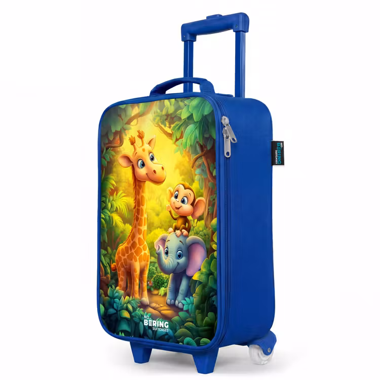Giraf, olifant en aapje in het bos Kinderkoffer - Blauw klein -productfoto_schuin