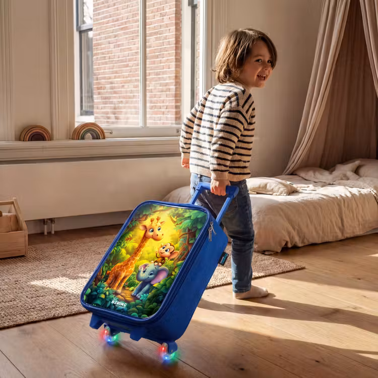 Giraf, olifant en aapje in het bos Kinderkoffer - Blauw klein -sfeer1