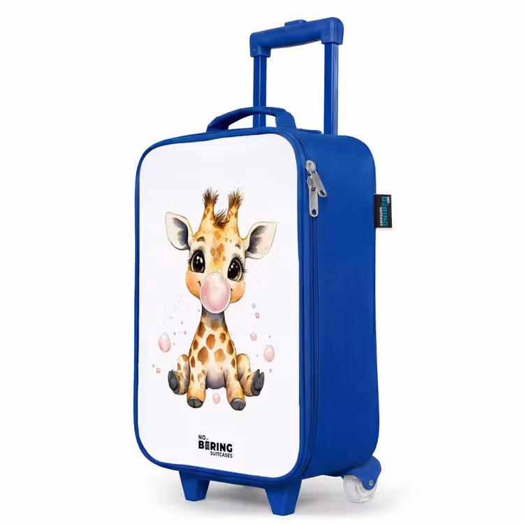 Giraffe met roze kauwgombal Kinderkoffer - Blauw klein -productfoto_schuin