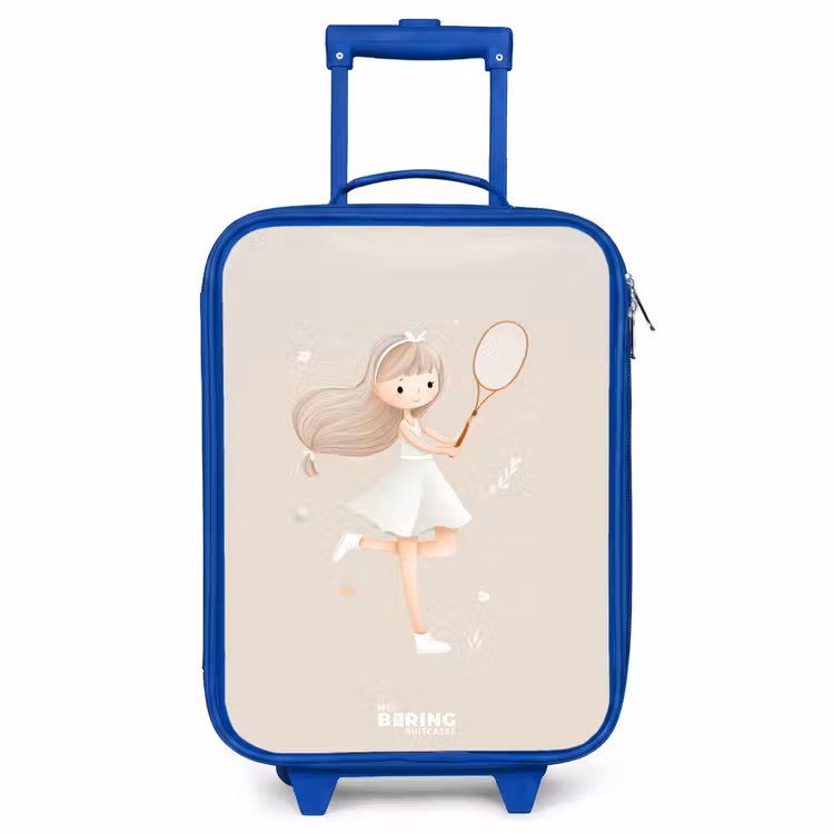 Meisje speelt tennis in beige kleuren Kinderkoffer - Blauw klein -3d