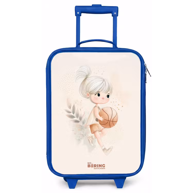 Meisje met een basketbal in neutrale kleuren. Kinderkoffer - Blauw klein -zz3dotto