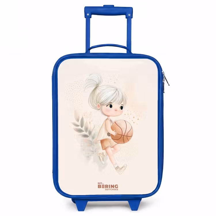 Meisje met een basketbal in neutrale kleuren. Kinderkoffer - Blauw klein -3d