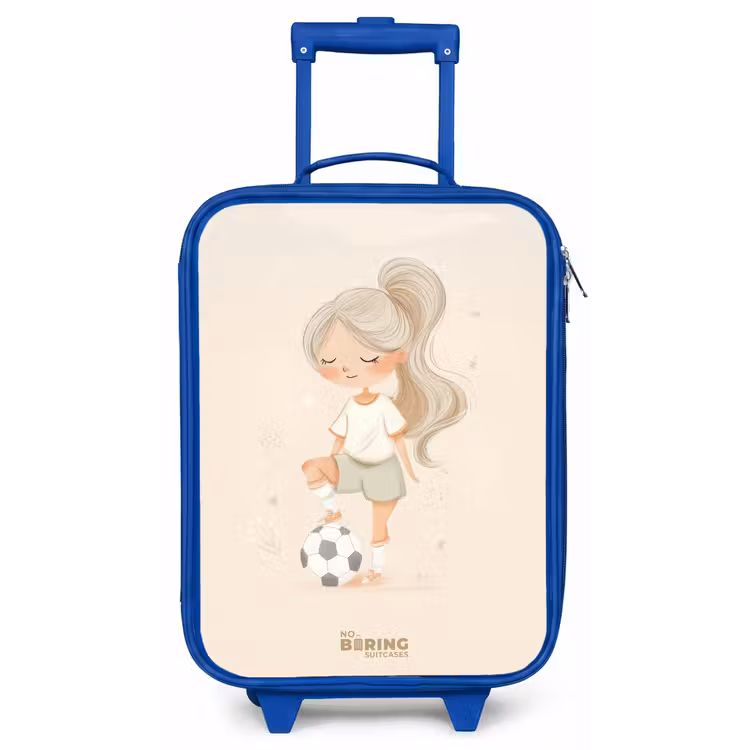 Meisje met een voetbal in beige kleuren Kinderkoffer - Blauw klein -zz3dotto