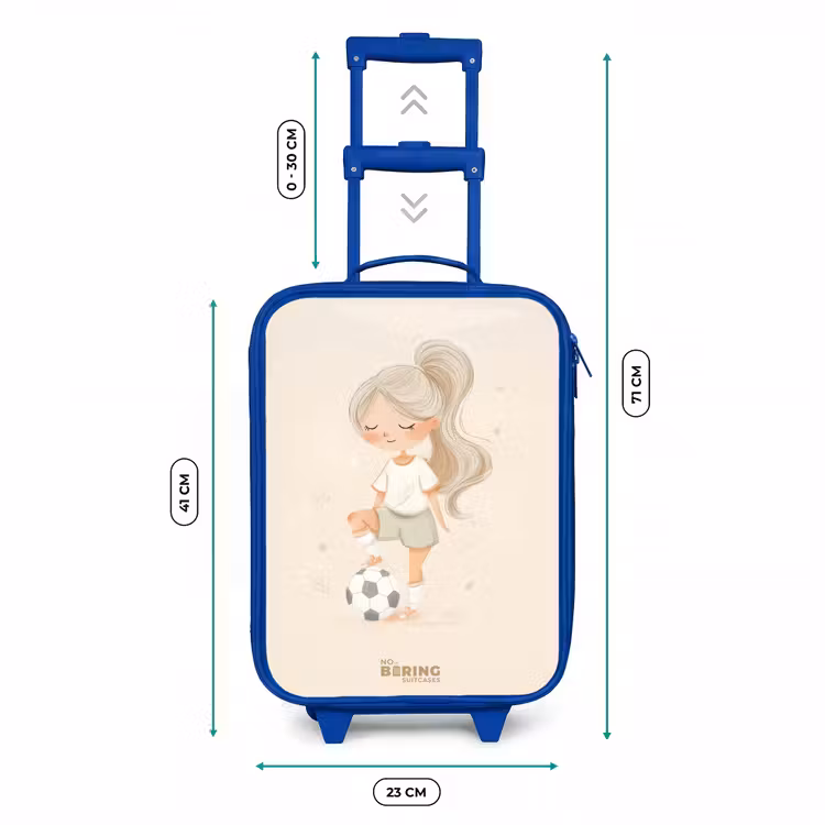 Meisje met een voetbal in beige kleuren Kinderkoffer - Blauw klein -productfoto_formaten