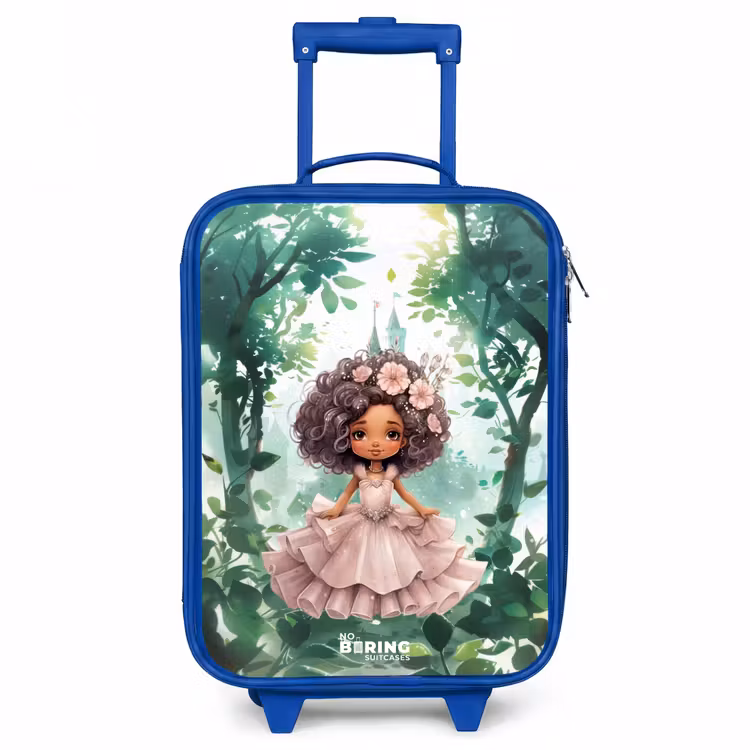 Meisje met donkere krullen in het bos Kinderkoffer - Blauw klein -3d