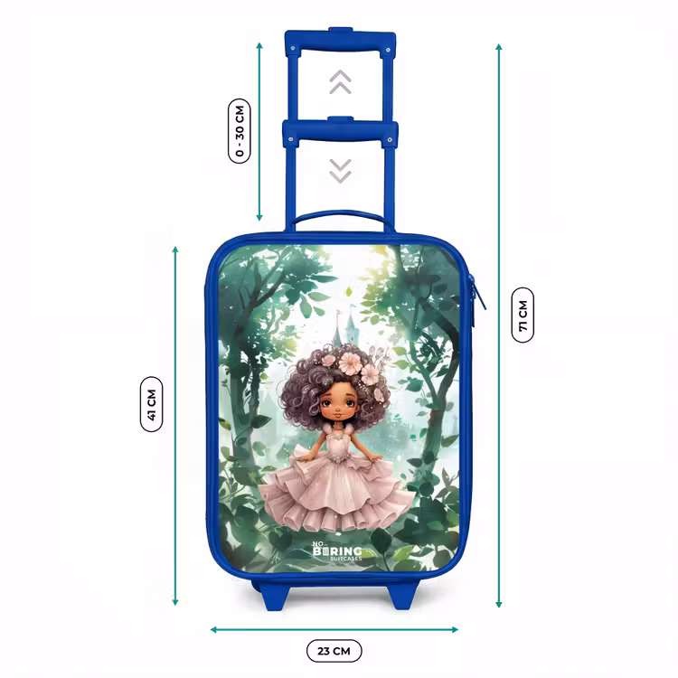 Meisje met donkere krullen in het bos Kinderkoffer - Blauw klein -productfoto_formaten