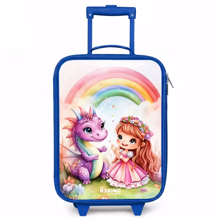Meisje met paarse draak onder regenboog Kinderkoffer - Blauw klein -3d