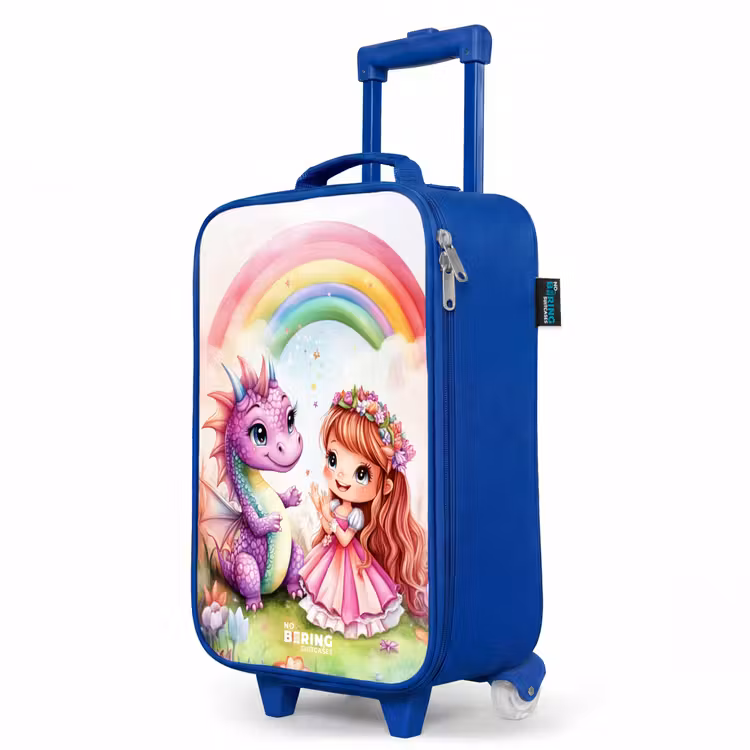 Meisje met paarse draak onder regenboog Kinderkoffer - Blauw klein -productfoto_schuin