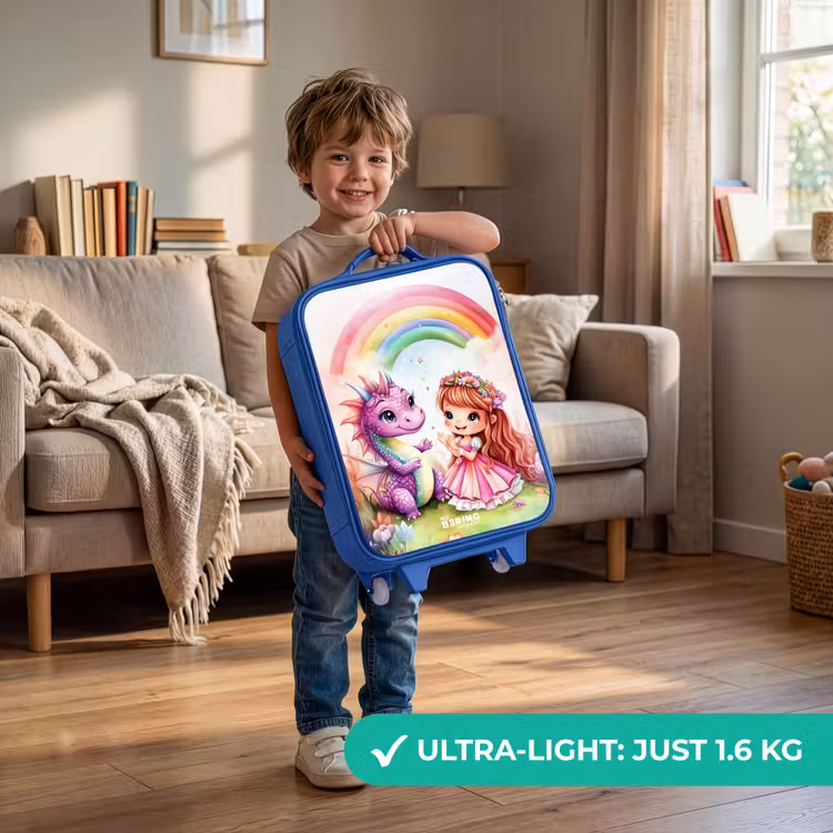 Meisje met paarse draak onder regenboog Kinderkoffer - Blauw klein -sfeer2_EN