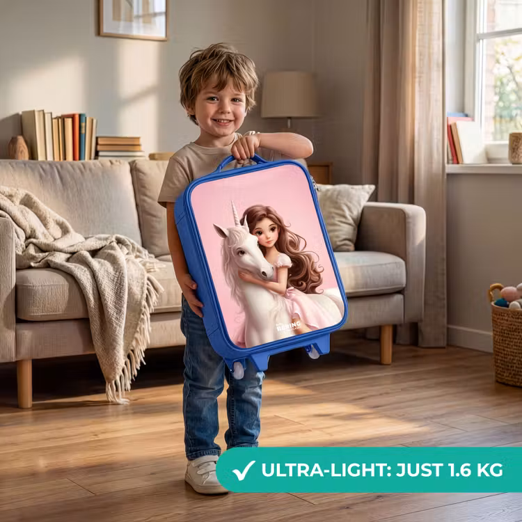 Meisje met witte eenhoorn op roze achtergrond Kinderkoffer - Blauw klein -sfeer2_EN