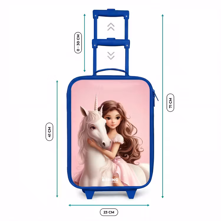 Meisje met witte eenhoorn op roze achtergrond Kinderkoffer - Blauw klein -productfoto_formaten