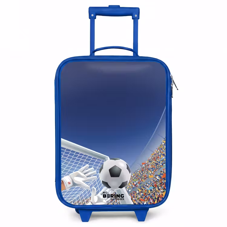 Keeper die een voetbal tegenhoud Kinderkoffer - Blauw klein -3d