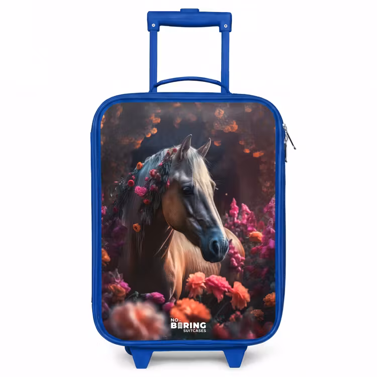 Goudbruin paard tussen de bloemen Kinderkoffer - Blauw klein -3d