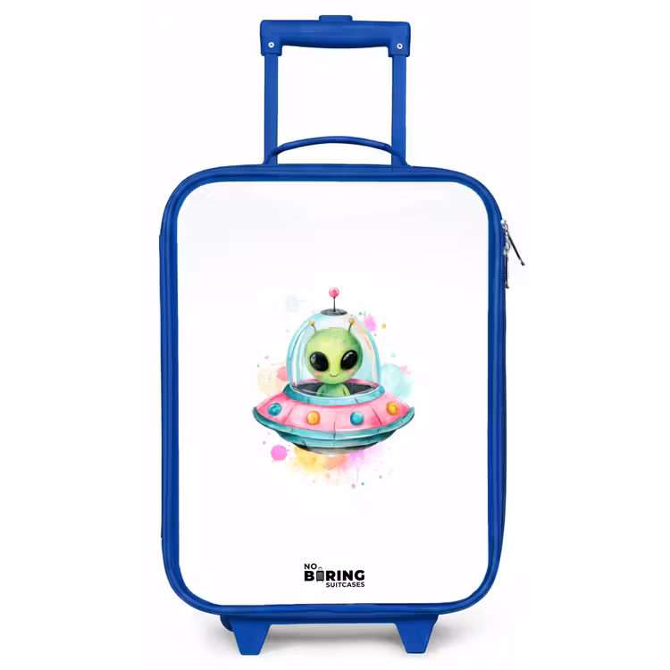 Groene alien in kleurrijke UFO Kinderkoffer - Blauw klein -zz3dotto