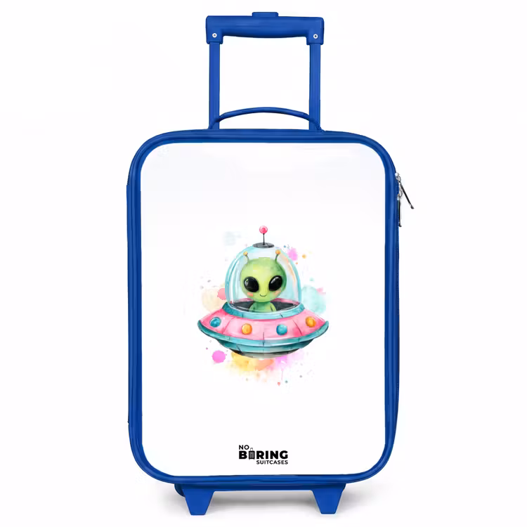 Groene alien in kleurrijke UFO Kinderkoffer - Blauw klein -3d