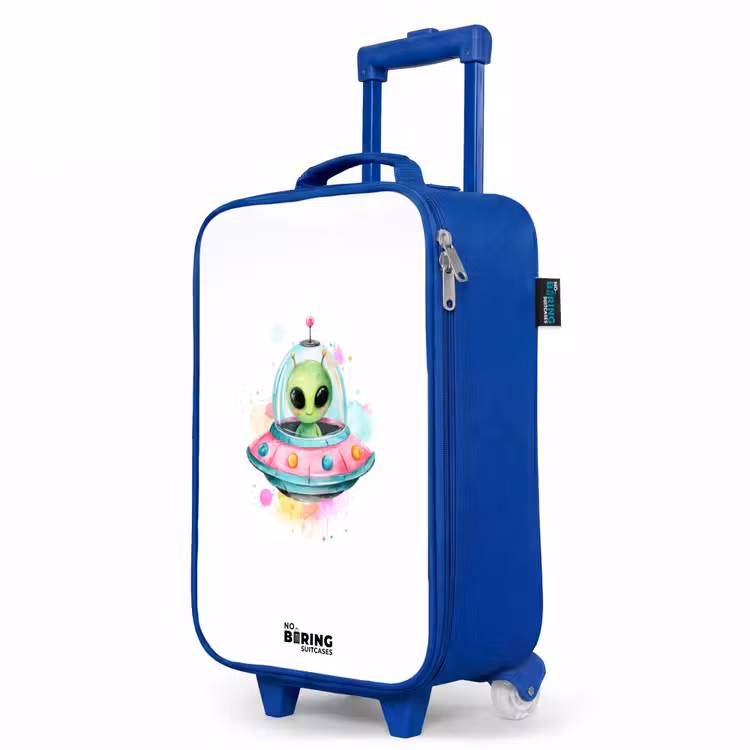 Groene alien in kleurrijke UFO Kinderkoffer - Blauw klein -productfoto_schuin