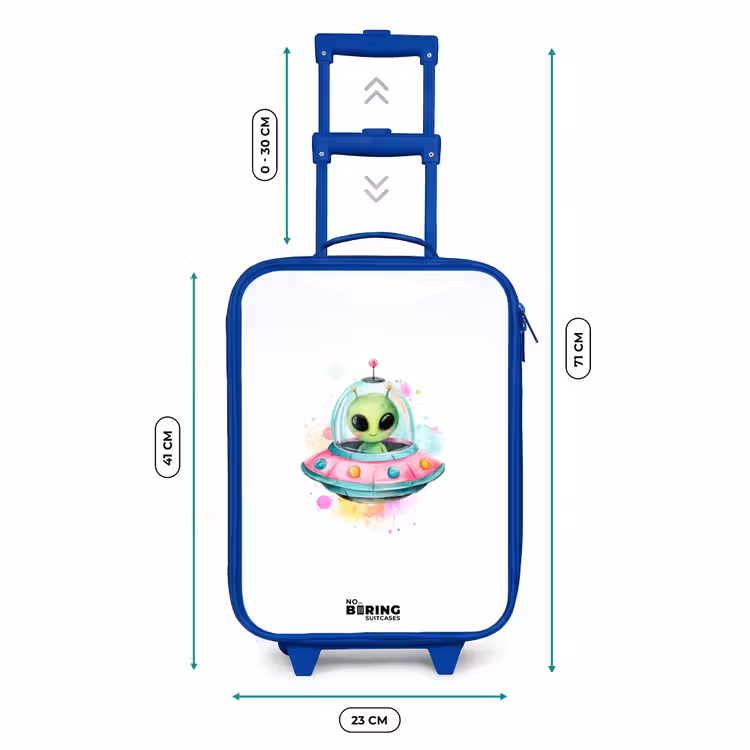 Groene alien in kleurrijke UFO Kinderkoffer - Blauw klein -productfoto_formaten