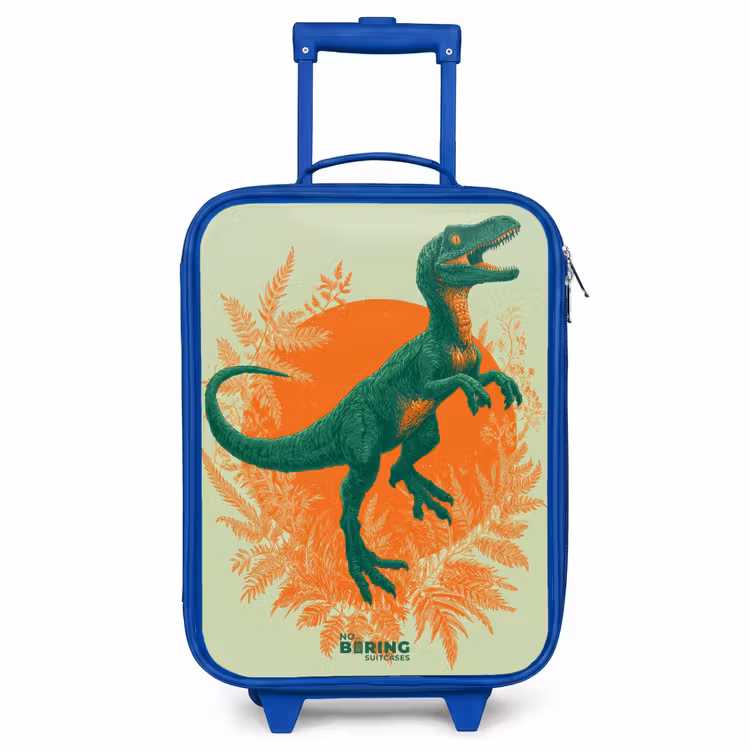 Groene dino tussen varens Kinderkoffer - Blauw klein -3d