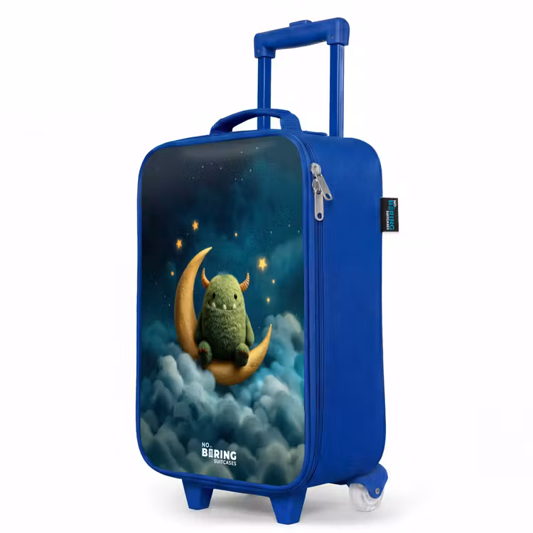 Groen monster op maansikkel Kinderkoffer - Blauw klein -productfoto_schuin