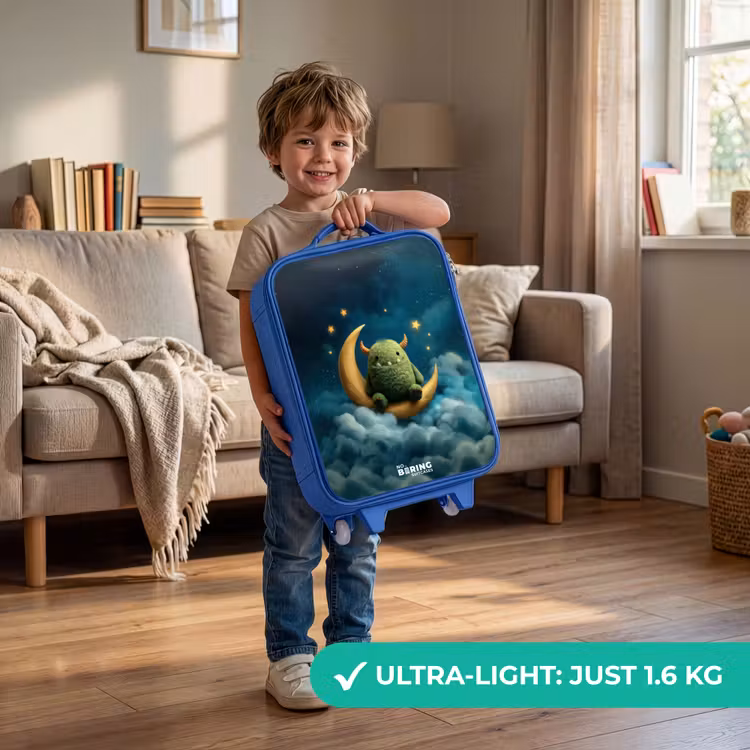 Groen monster op maansikkel Kinderkoffer - Blauw klein -sfeer2_EN