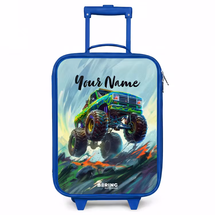 Groene Monstertruck met Penseelstreken Kinderkoffer - Blauw klein -3d