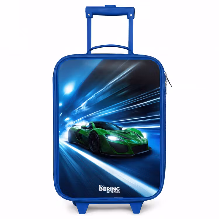 Groene supercar flitst door neonlicht Kinderkoffer - Blauw klein -3d