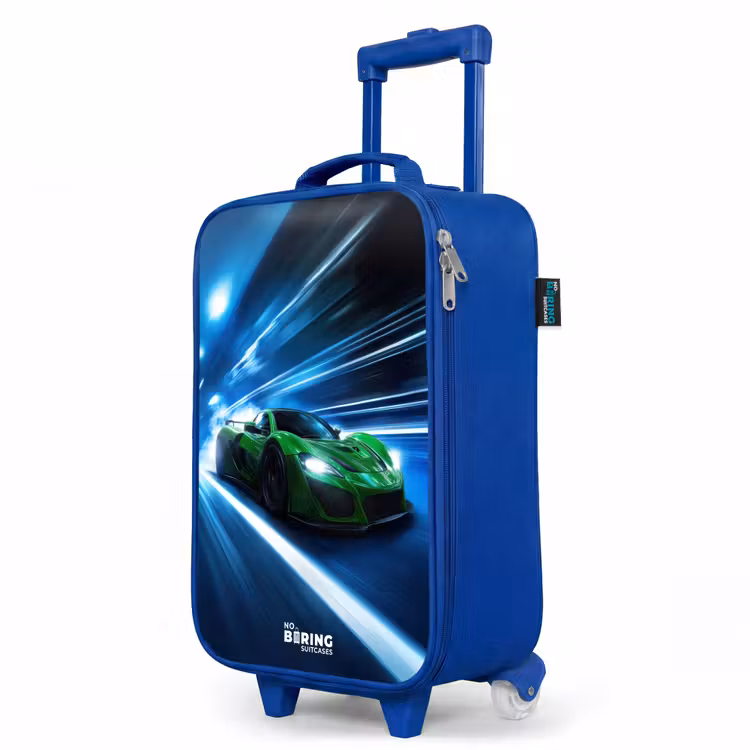 Groene supercar flitst door neonlicht Kinderkoffer - Blauw klein -productfoto_schuin