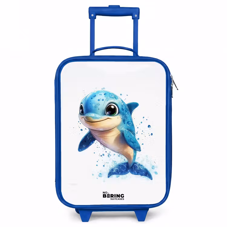 Blije dolfijn met waterdruppels op wit Kinderkoffer - Blauw klein -3d