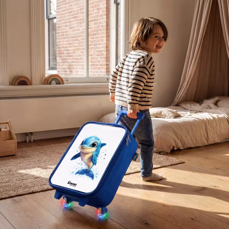 Blije dolfijn met waterdruppels op wit Kinderkoffer - Blauw klein -sfeer1