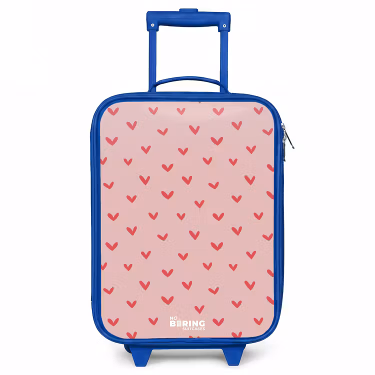 Hartjespatroon met roze kleuren Kinderkoffer - Blauw klein -3d
