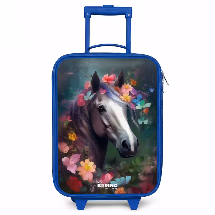 Paard in kleurrijke bloemen Kinderkoffer - Blauw klein -3d