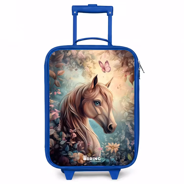 Paard met vlinders in bloementuin Kinderkoffer - Blauw klein -3d