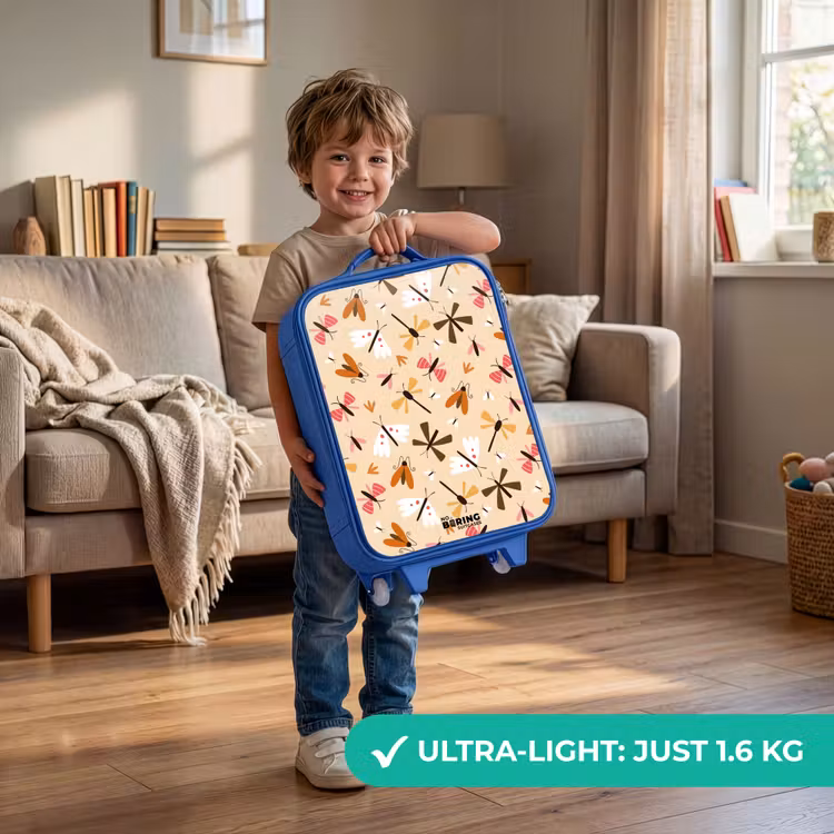 Insectenpatroon in bruin, roze en oranje op beige achtergrond Kinderkoffer - Blauw klein -sfeer2_EN