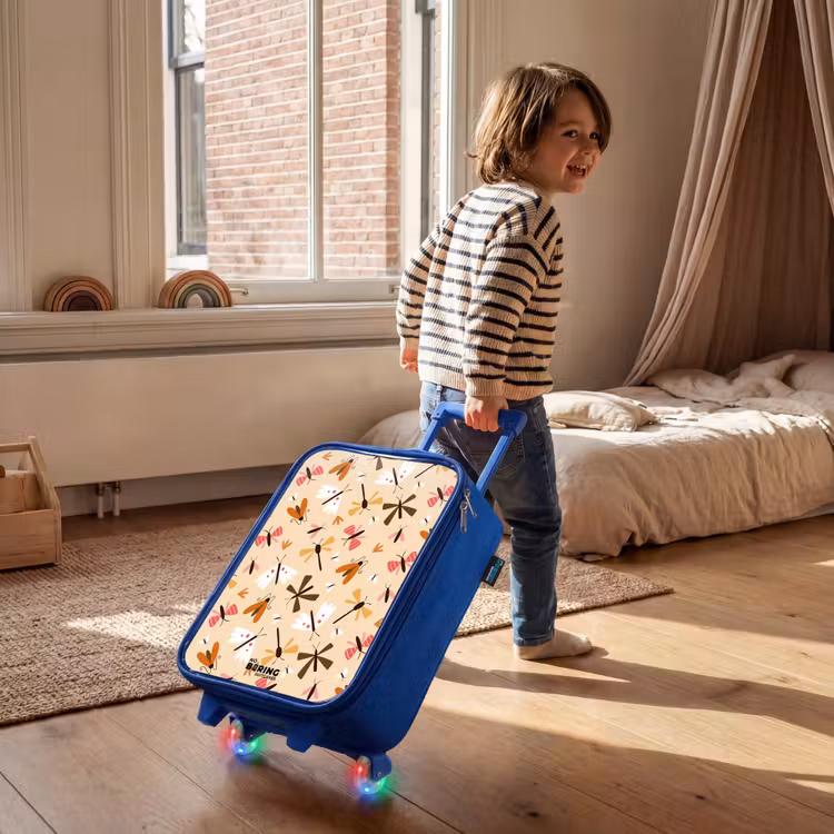 Insectenpatroon in bruin, roze en oranje op beige achtergrond Kinderkoffer - Blauw klein -sfeer1