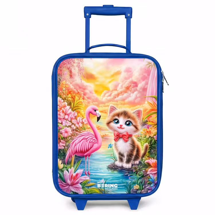 Kitten met flamingo in tropisch bloemenparadijs Kinderkoffer - Blauw klein -3d