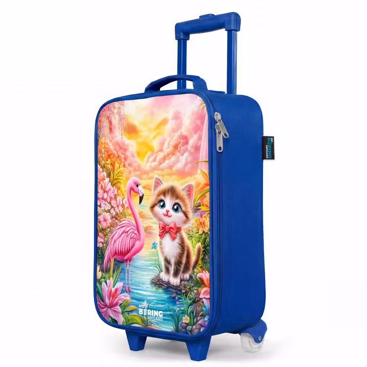 Kitten met flamingo in tropisch bloemenparadijs Kinderkoffer - Blauw klein -productfoto_schuin
