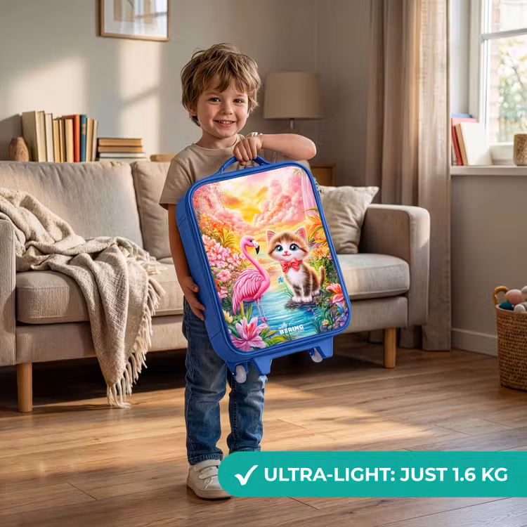 Kitten met flamingo in tropisch bloemenparadijs Kinderkoffer - Blauw klein -sfeer2_EN
