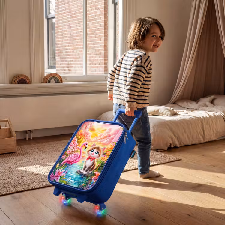 Kitten met flamingo in tropisch bloemenparadijs Kinderkoffer - Blauw klein -sfeer1