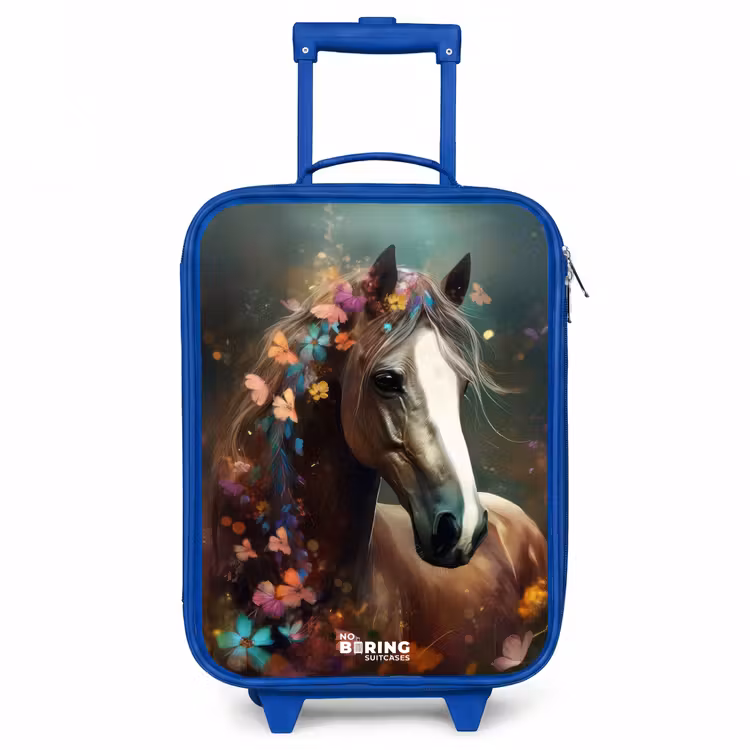 Lichtbruin paard tussen de bloemen Kinderkoffer - Blauw klein -3d